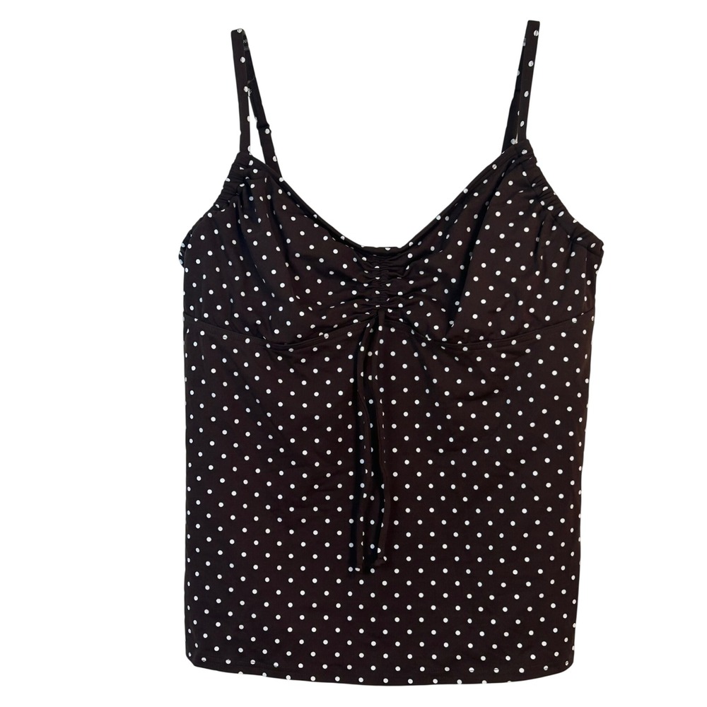 Lands End Brown Polka Dot Underwire Tankini Swim Top Womens 16 Ruched Bust
